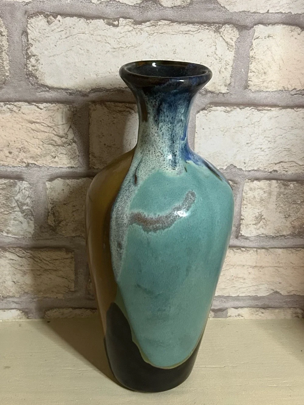 Vintage Handcrafted Glazed Ceramic Vase in Blue and Teal and Brown Vase
